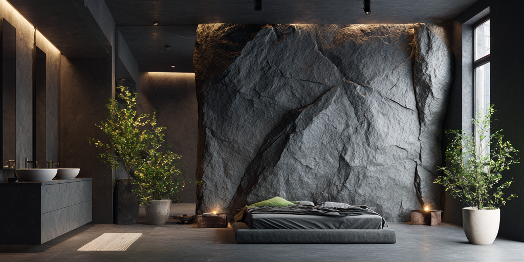 ИИ интерьер с камнем и растениями: акцент стена в виде скалы
