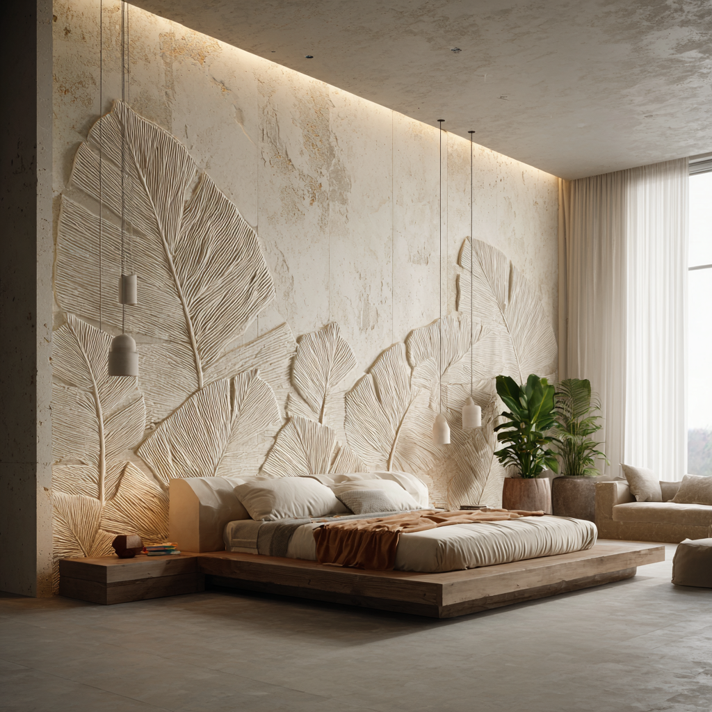 ИИ интерьер с камнем и растениями: акцент стена в виде листьев из гипса
