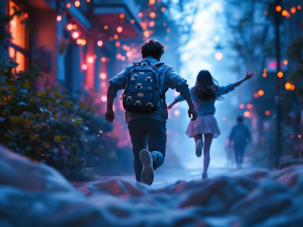    К чему такое снится: На картине изображен парень, бегущий по улице с серым рюкзаком, украшенным изображениями мопса. Девушка кричит ему вслед, пытаясь остановить, но безуспешно.