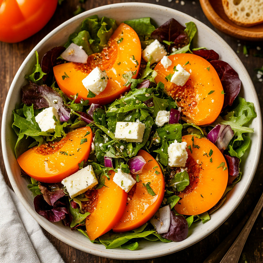 Салат с хурмой, свежими овощами и козьим сыром