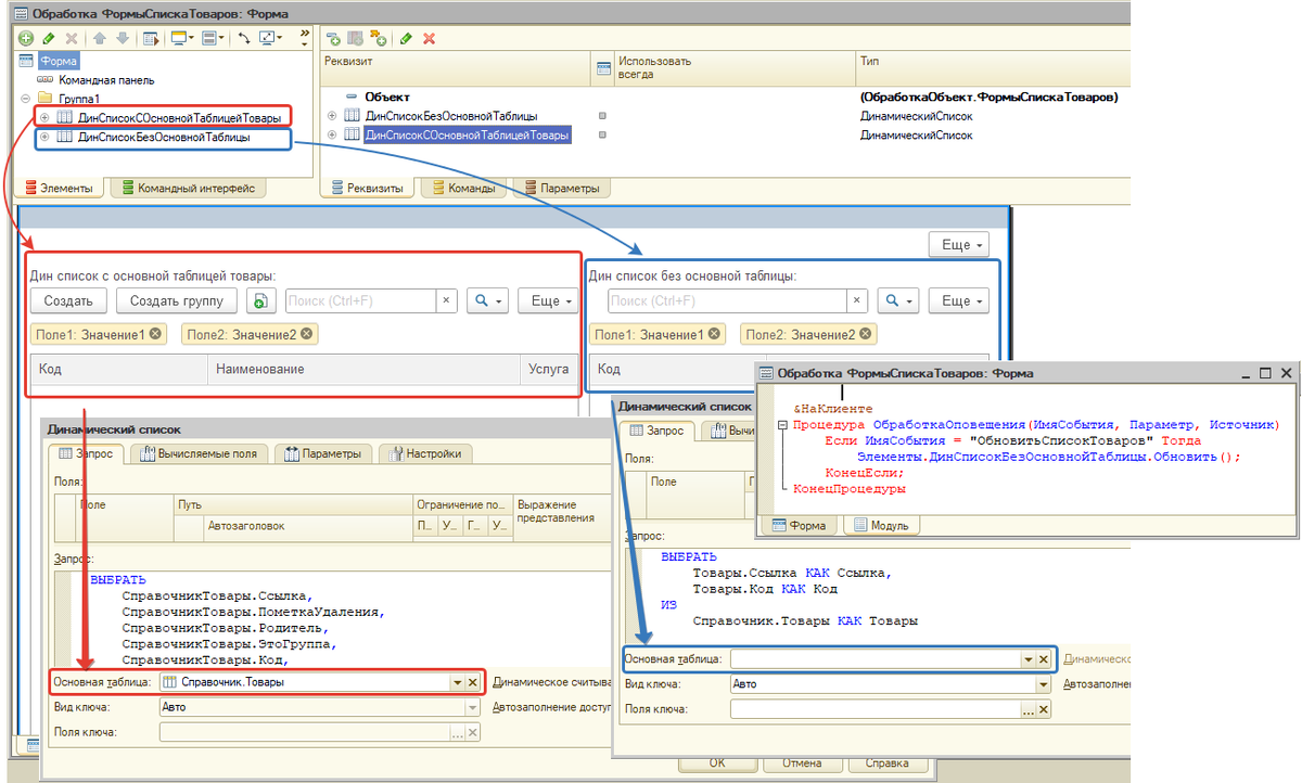 Обработка списков товаров с основной таблицей и без (режим конфигуратора)