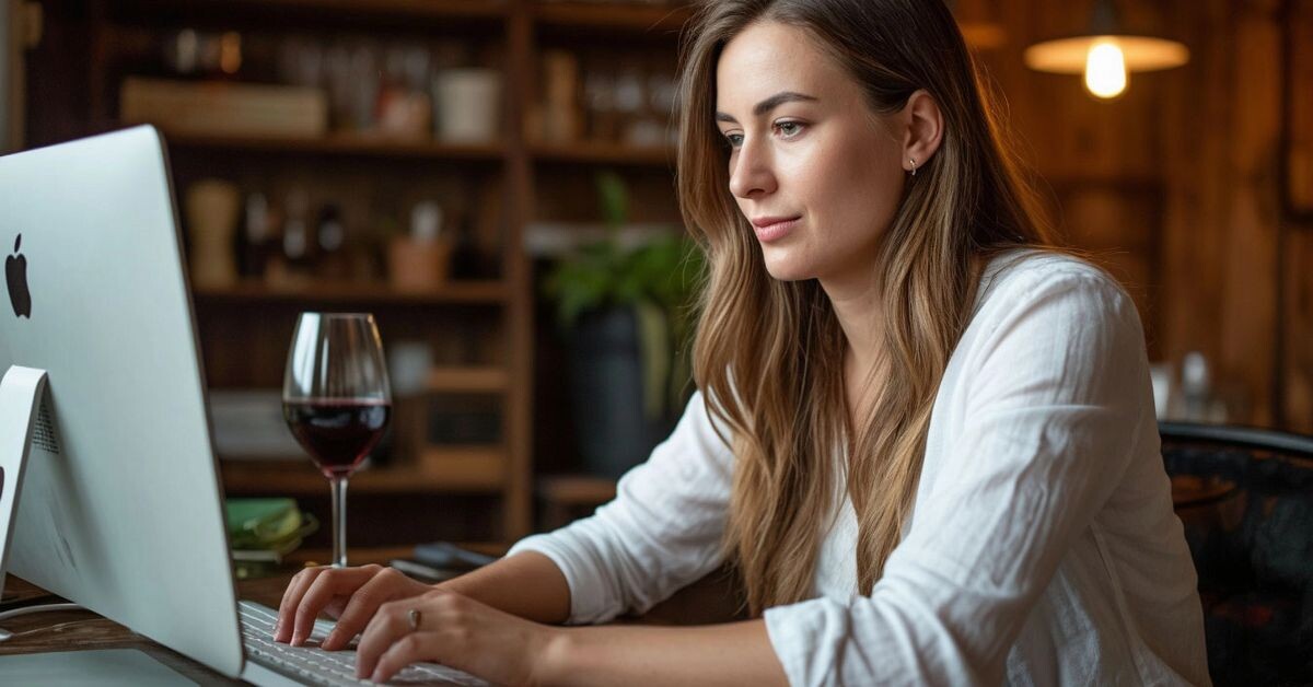 Молодая женщина проходит онлайн-тест «Я — бытовой алкоголик?» за компьютером