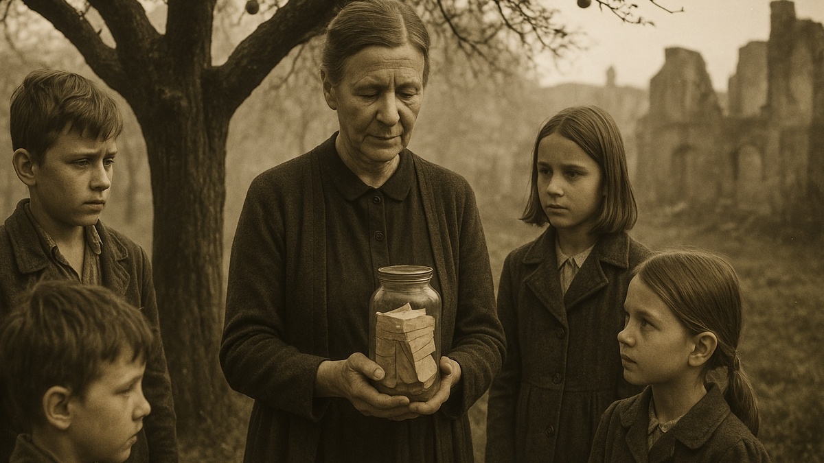 В иллюстративных целях. Ирена Сендлер прд яблоней с детьми и на руках банка с "белыми списками". Нарисовано нейросетью. 
