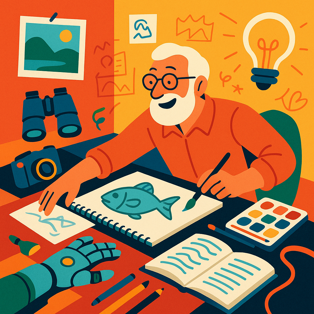 Иллюстрация передаёт «Flounder Mode» Кевина Келли — радостную работу из любопытства: герой-полимат в тёплой мастерской одновременно рисует рыбу, возится с роботизированной перчаткой, фото- и оптикой, окружён зарисовками идей. Беспорядок творческой студии подчёркивает, что смысл — в удовольствии от множества параллельных проектов, а не в погоне за единственным «единорогом». 