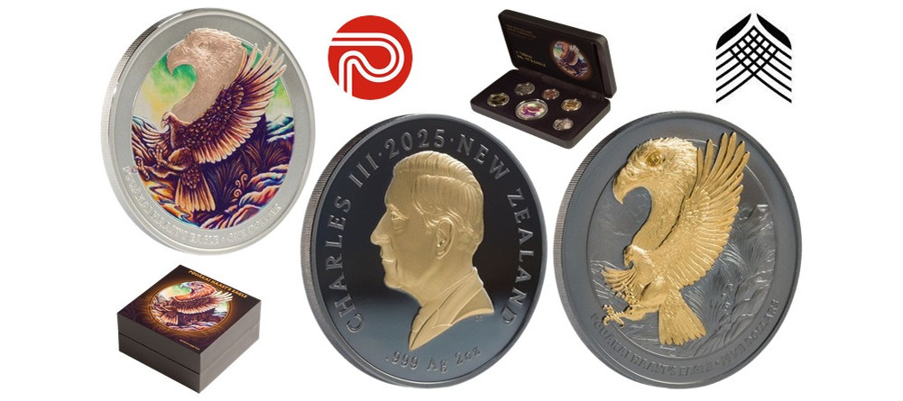    Серебряная монета Новой Зеландии 2025 года с изображением орла Хааста