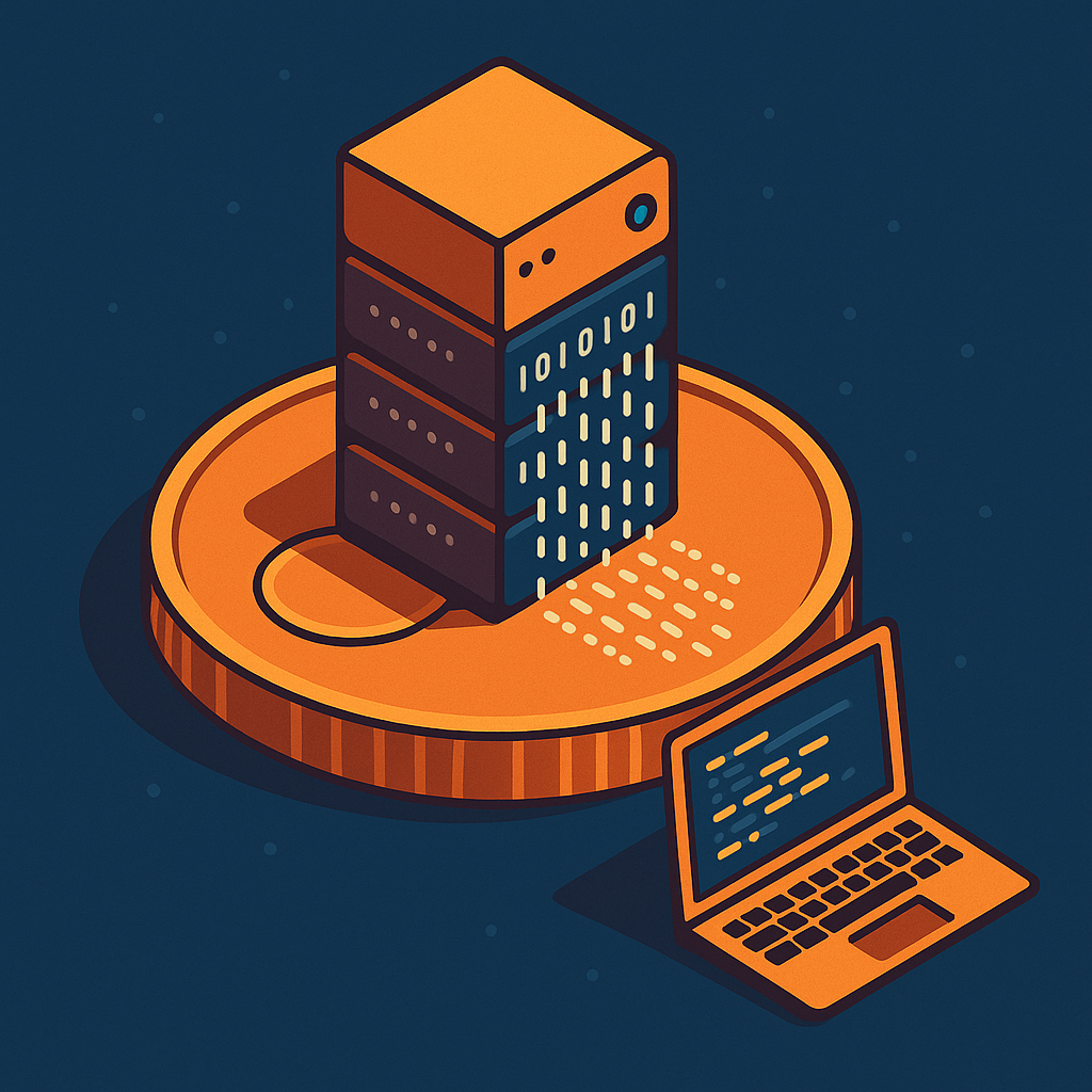 На монете-пенни стоит крошечный сервер-«башня», из которого «струится» бинарный код. Рядом — ноутбук, символизирующий разработку на Go. Иллюстрация подчёркивает идею Pennybase: минималистичный, но полноценный бекэнд-сервис, умещающийся «на копейку».