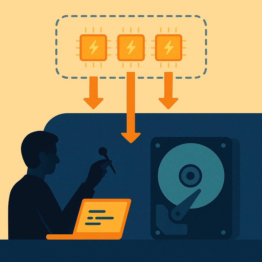 Силуэт разработчика “прикрепляет” данные к сияющим чипам-кэша, отделённым пунктирной рамкой от большого медленного диска ниже. Иллюстрация подчёркивает идею статьи: кэш — это явная граница абстракции, а не просто трюк ускорения.