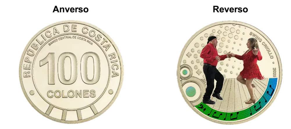    Монета Коста-Рики 2025 года с изображением танцоров свинг криольо в цветном исполнении