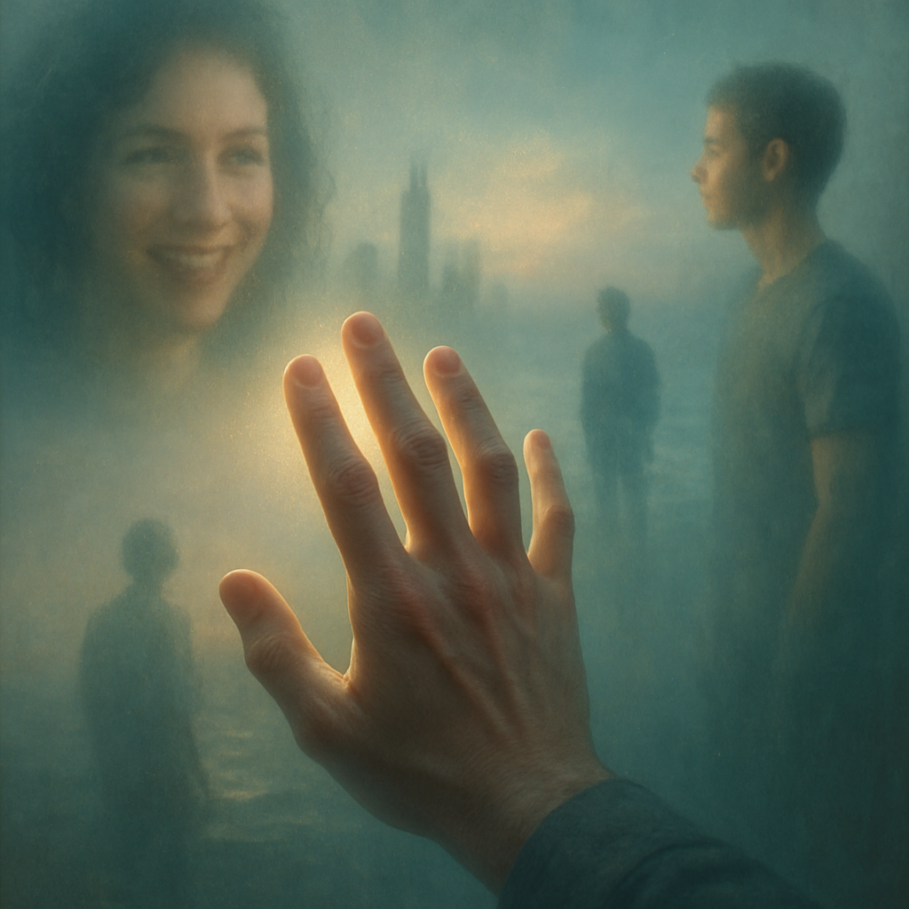 Рука человека прикасается к полупрозрачной поверхности, за которой видны фрагменты других жизней