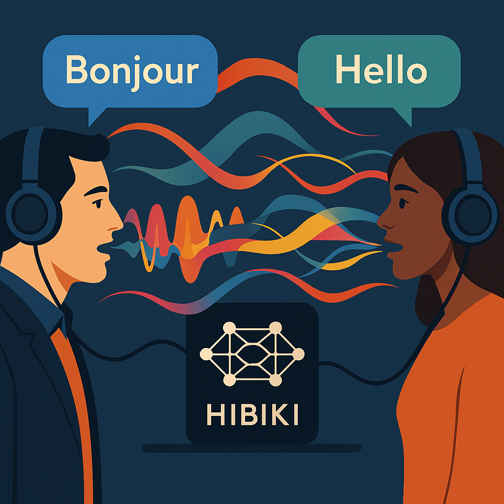 Пара собеседников произносит «Bonjour» и «Hello», их разноцветные звуковые волны проходят через блок Hibiki между ними — визуальный образ одновременного перевода речи-в-речь в реальном времени.