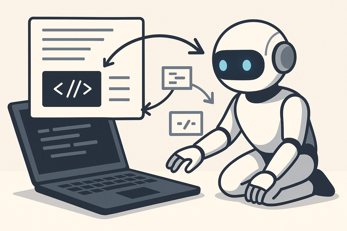 Робот-агент считывает код и пояснения прямо из инженерной документации на ноутбуке; стрелки показывают, как инструкции превращаются в рабочие фрагменты тестируемого кода ― визуализация удачного эксперимента по «соседству» инструкций и доков.