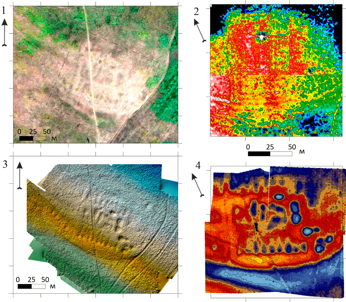Обнаруженное в 2023 году укрепленное поселение Верхнеуральское: 1) фрагмент спутникового снимка; 2) карта кажущегося электрического сопротивления, полученная прибором АЭМП-14; 3) цифровая 3D-модель рельефа, сделанная на основании съемки с квадрокоптера; 4) цифровая карта рельефа, сделанная на основании GNSS съемки.