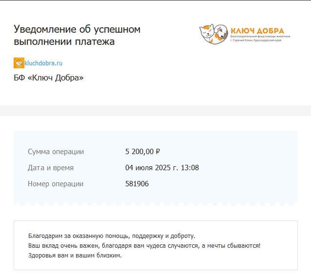 Перевод в фонд "Ключ Добра"