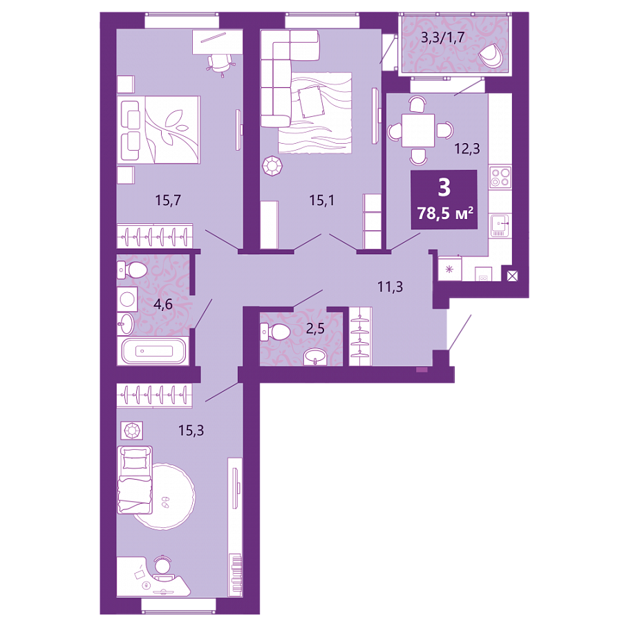 ЖК «Сиреневый бульвар»: трехкомнатная квартира в корпусе 5.1