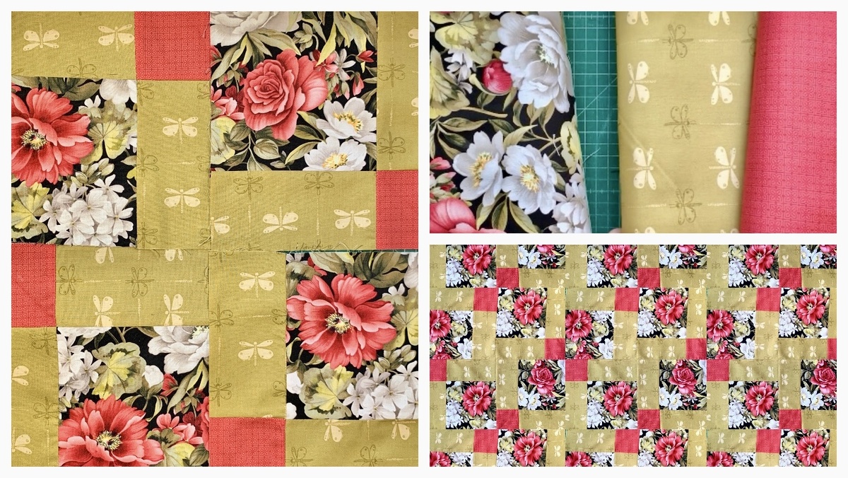 Блок "Исчезающая девятка":  1 фото -  компоновка, 2 фото - подбор тканей, 3 фото- узор в полотне