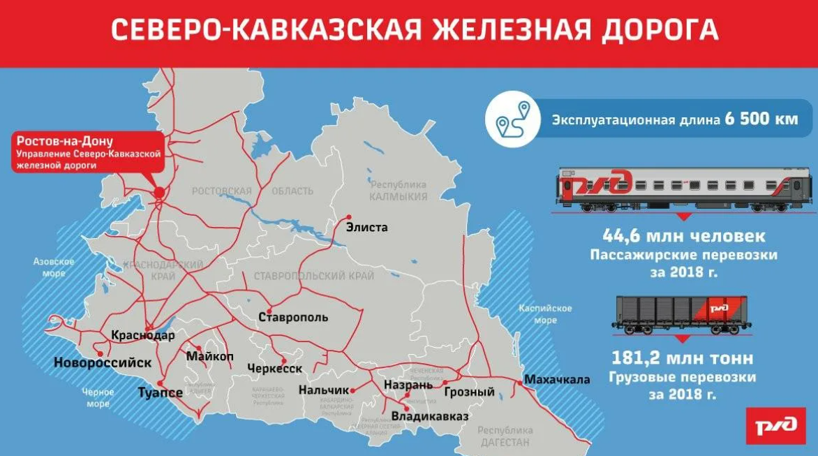 Карта эксплуатационных ж/д сетей СКЖД 2018 г. (РЖД)