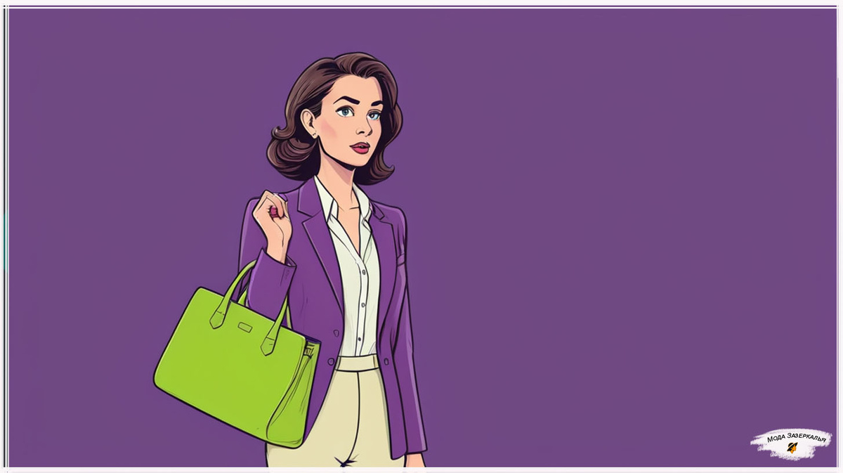 Женщина 35-40 лет в офисном стиле, держащей неоновую зеленую сумку