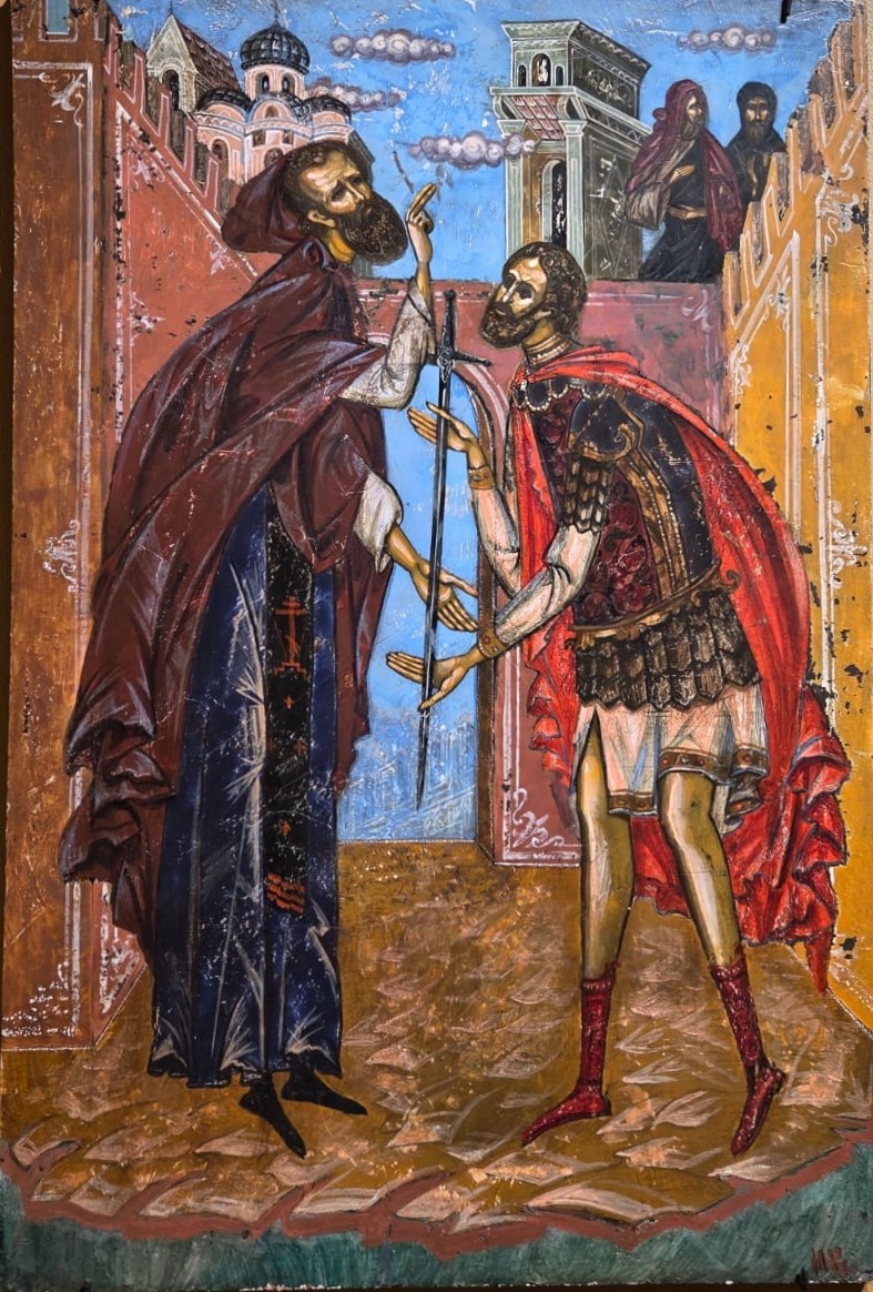 Икона "Сергий Радонежский и Дмитрий Донской". Муленков В.С. 1988 г. Москва. ДСП, масло