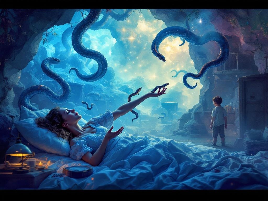    К чему такое снится: Женщина в движении, вытягивая руку вперед, держит несколько змей. Рядом, мальчик стоит и смотрит на неё. На заднем плане видны загоны с животными.