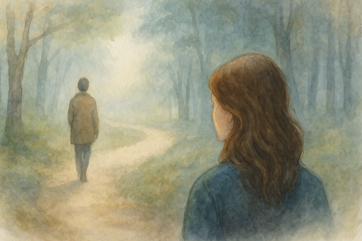Женщина смотрит вслед уходящему человеку на туманной лесной дорожке. Акварельная сцена передаёт ощущение расставания, уважения к выбору другого и мягкой поддержки без спасательства.

