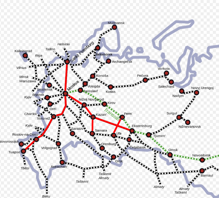 Карта проектов ВСМ в России (линии обозначены красным цветом).
