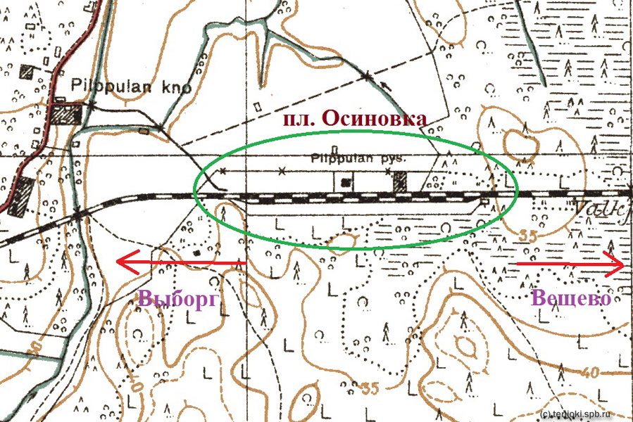 Станция Pilppula (Пилппула) и расположение современной платформы Осиновка на финскойкартографической основе 1930-х г.г.