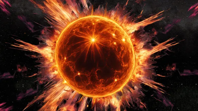 Иллюстрация очень массивной звезды, выбрасывающей огромное количество материи в космос (Изображение предоставлено Робертом Ли (создано с помощью Canva))