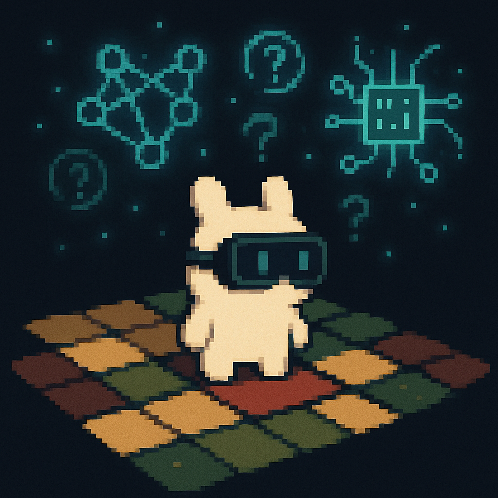 Пиксель-арт показывает героя Бабу, стоящего на клеточном поле-головоломке, в окружении парящих символов нейросетей и микросхем — визуальный образ того, как игру «Baba Is You» используют для тестирования ИИ-моделей. 