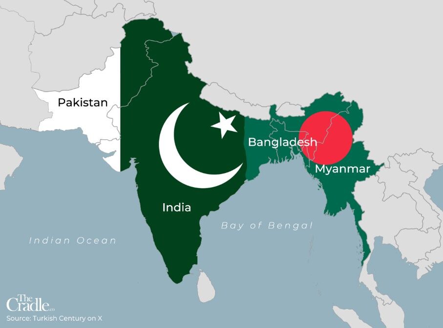 Карта «Большого Бангладеш», на которой обозначены части Мьянмы и индийских территорий, включая Бихар, Одишу, Джаркханд и северо-восточный регион.
