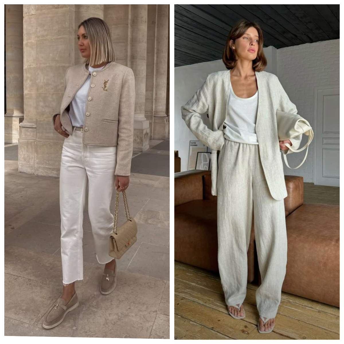 Наглядный пример, отличие стиля old money от lazy luxury. На картинке слева - девушка в стиле "старые деньги" : жакет в стиле Chanel, люксовая сумочка, лоферы а-ля Лора Пиано. На картинке справа - девушка в стиле lazy luxury, где вообще не "считываются" бренды, просто расслабленный образ. 