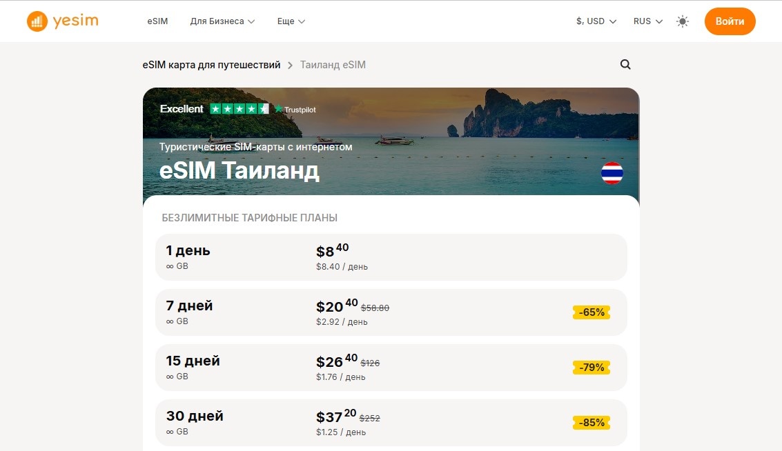 Тарифы на виртуальные карты Yesim для Таиланда