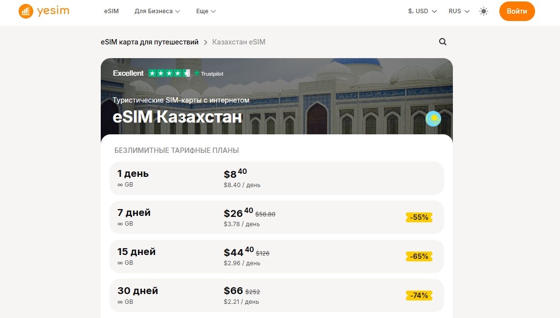 Тарифы на виртуальные карты Yesim для Казахстана