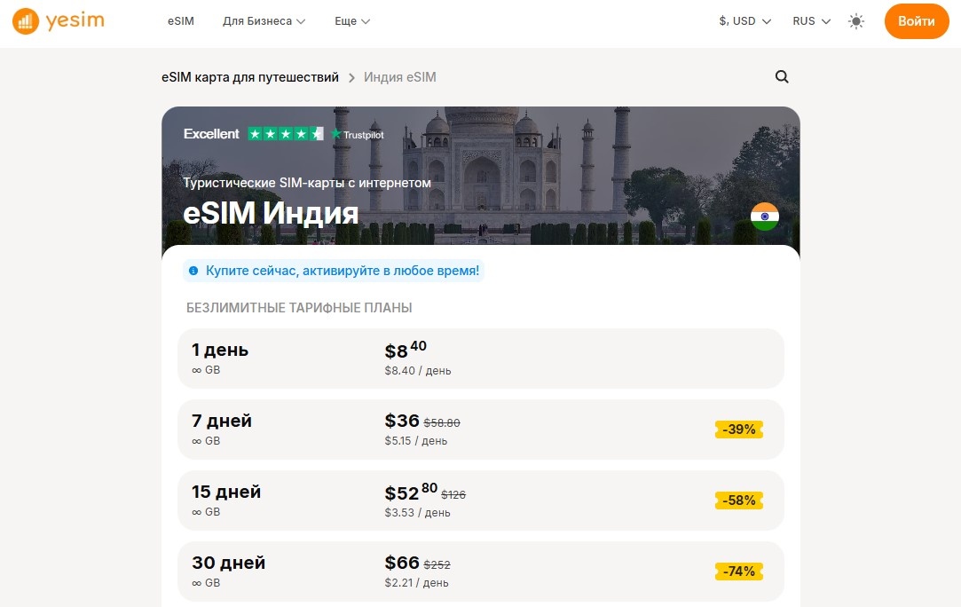 Тарифы на виртуальные карты Yesim для Индии