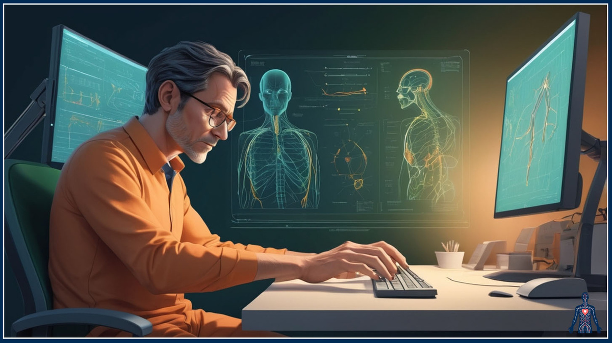 Мужчина-программист 45-50 лет за рабочим столом