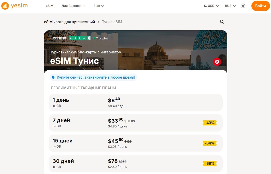 Тарифы на виртуальные карты Yesim для Туниса