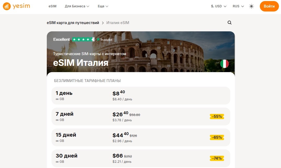  Тарифы на виртуальные карты Yesim для Италии