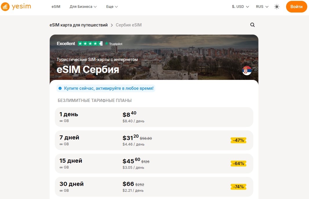 Тарифы на виртуальные карты Yesim для Сербии