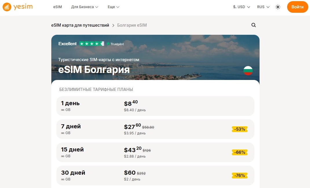 Тарифы на виртуальные карты Yesim для Болгарии