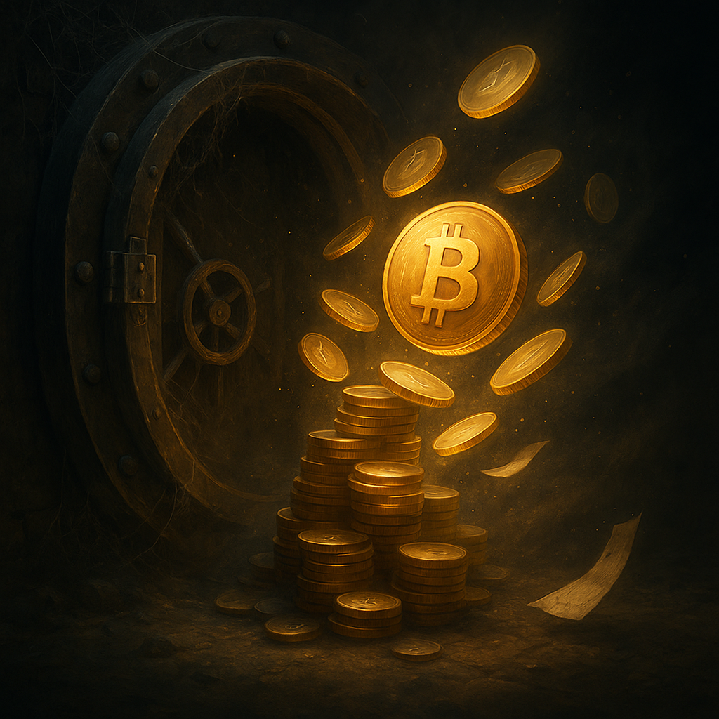 Из ржавой банковской двери, покрытой паутиной, вырывается луч света, поднимая кучи золотых биткоинов — визуальный «пробуждающийся» клад 14-летней давности, внезапно ставший миллиардным.