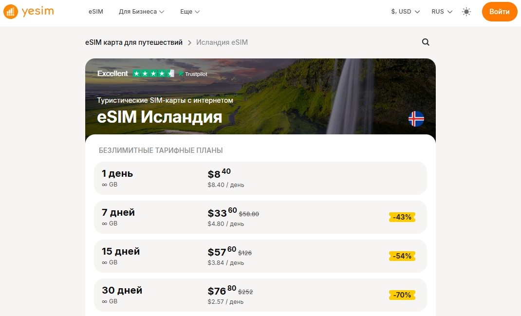 Тарифы на виртуальные карты Yesim для Исландии