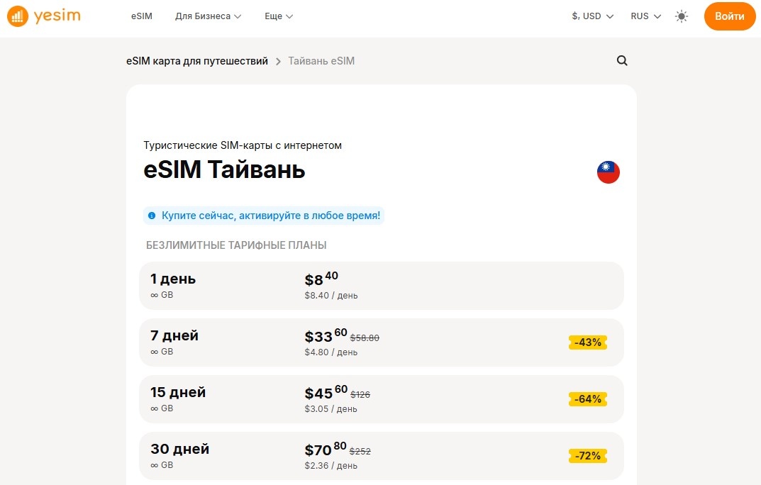 Тарифы на виртуальные карты Yesim для Тайваня