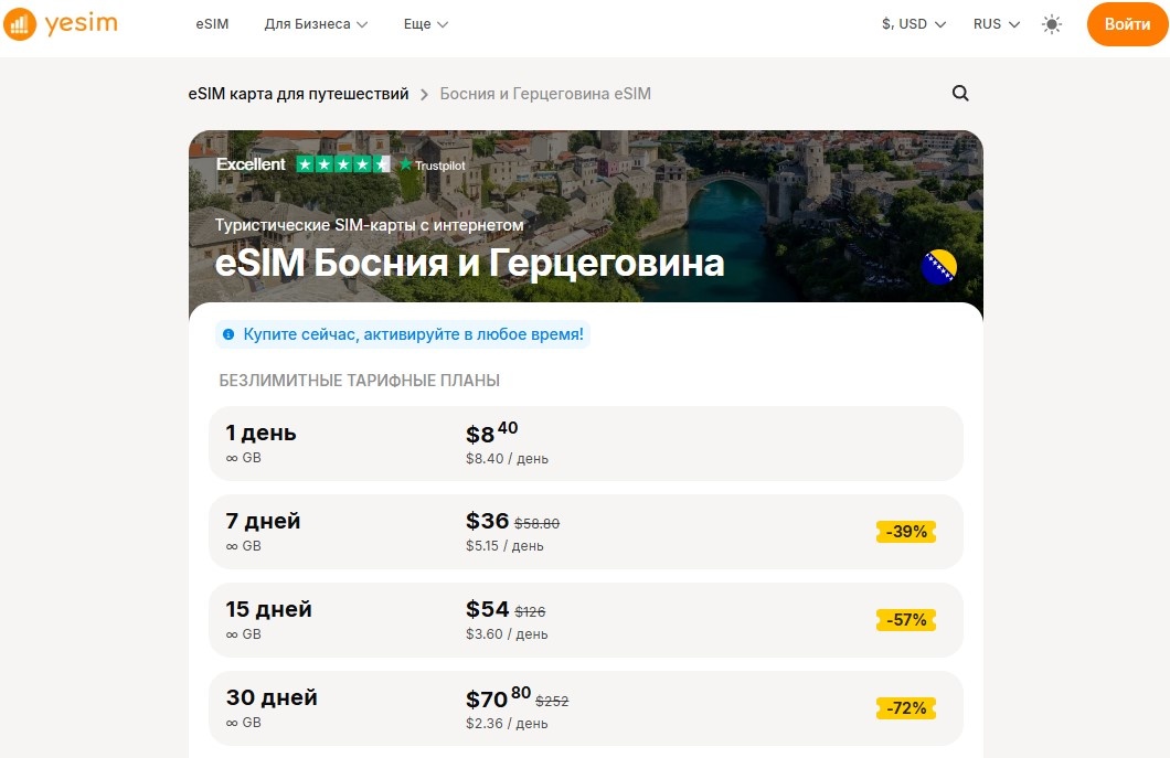 Тарифы на виртуальные карты Yesim для Боснии т Герцеговины