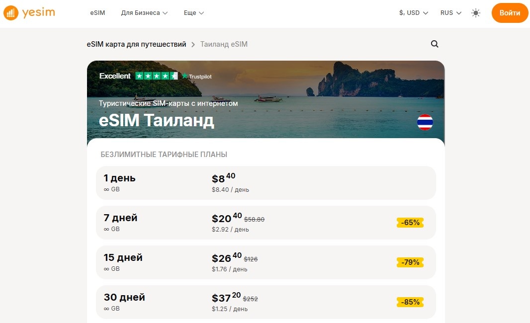 Тарифы на виртуальные карты Yesim для Бангкока
