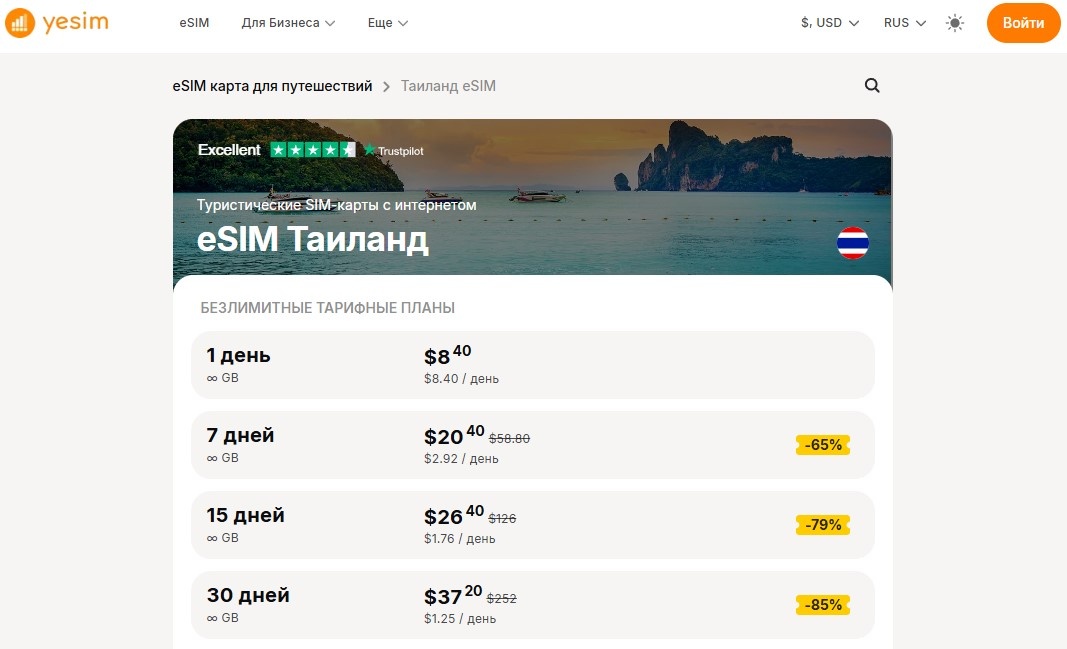 Тарифы на виртуальные карты Yesim для Пхукета