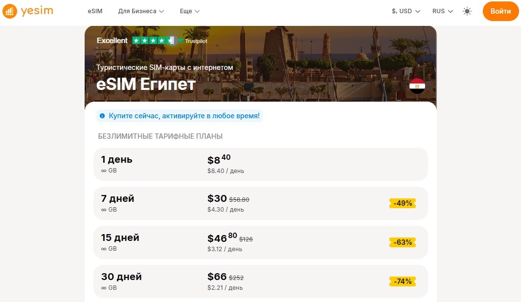Тарифы на виртуальные карты Yesim для Египта