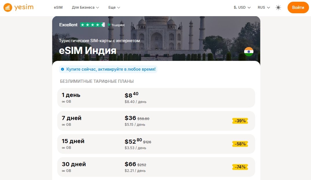 Тарифы на виртуальные карты Yesim для Индии
