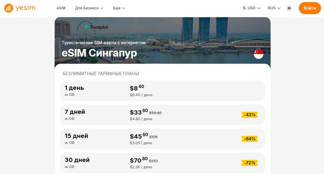 Тарифы на виртуальные карты Yesim для Сингапура