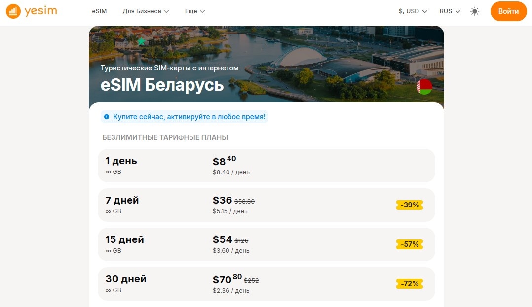 Тарифы на виртуальные карты Yesim для Беларуси