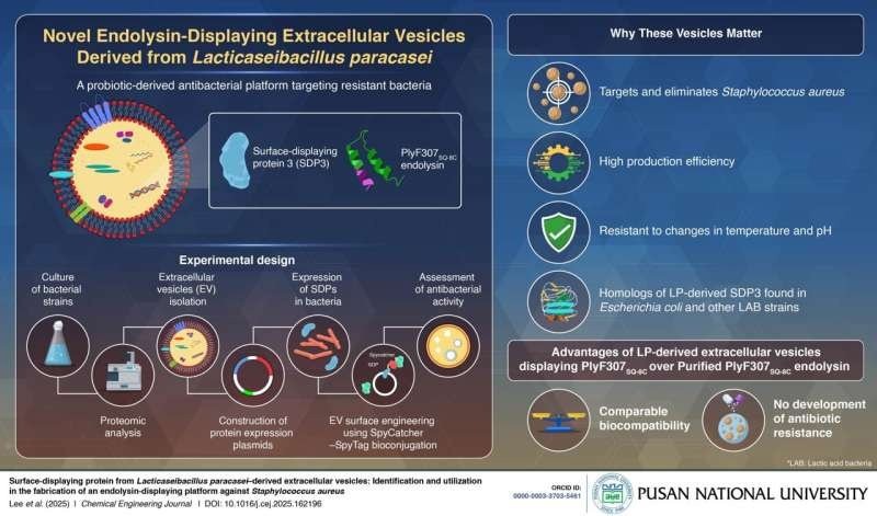    Исследователи Пусанского национального университета разработали новую платформу на основе внеклеточных везикул (EV) для борьбы с вредными бактериями. Специально разработанные EV, полученные из Lacticaseibacillus paracasei, содержат белок, проявляющий себя на поверхности мембран. Он переносит эндолизин PlyF307SQ-8C, воздействующий на S. aureus. Автор: профессор Хван Сун Ким из Пусанского национального университета, Корея