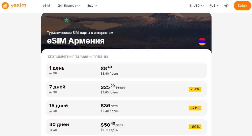 Тарифы на виртуальные карты Yesim для Армении